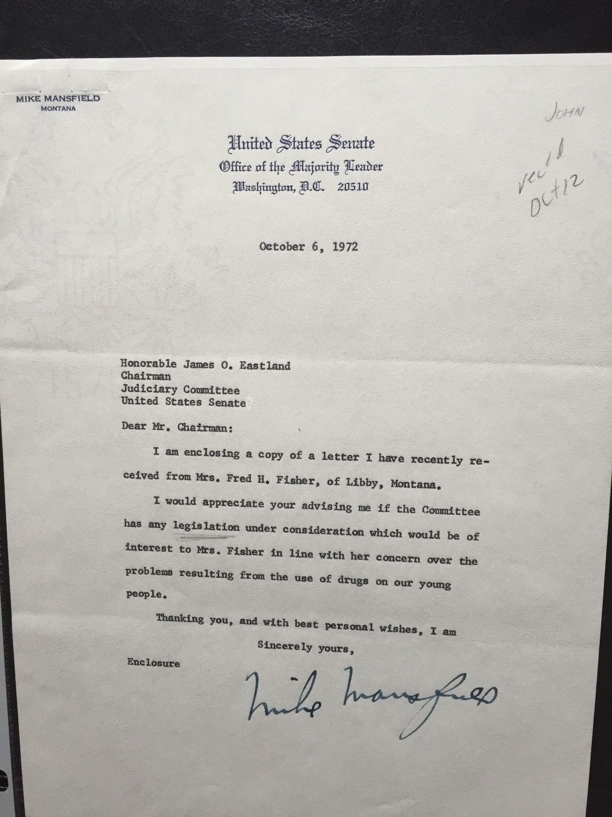 SIGNED TYPED letter from Sen. Mike Mansfield(MT) to Sen. James Eastland(MS)