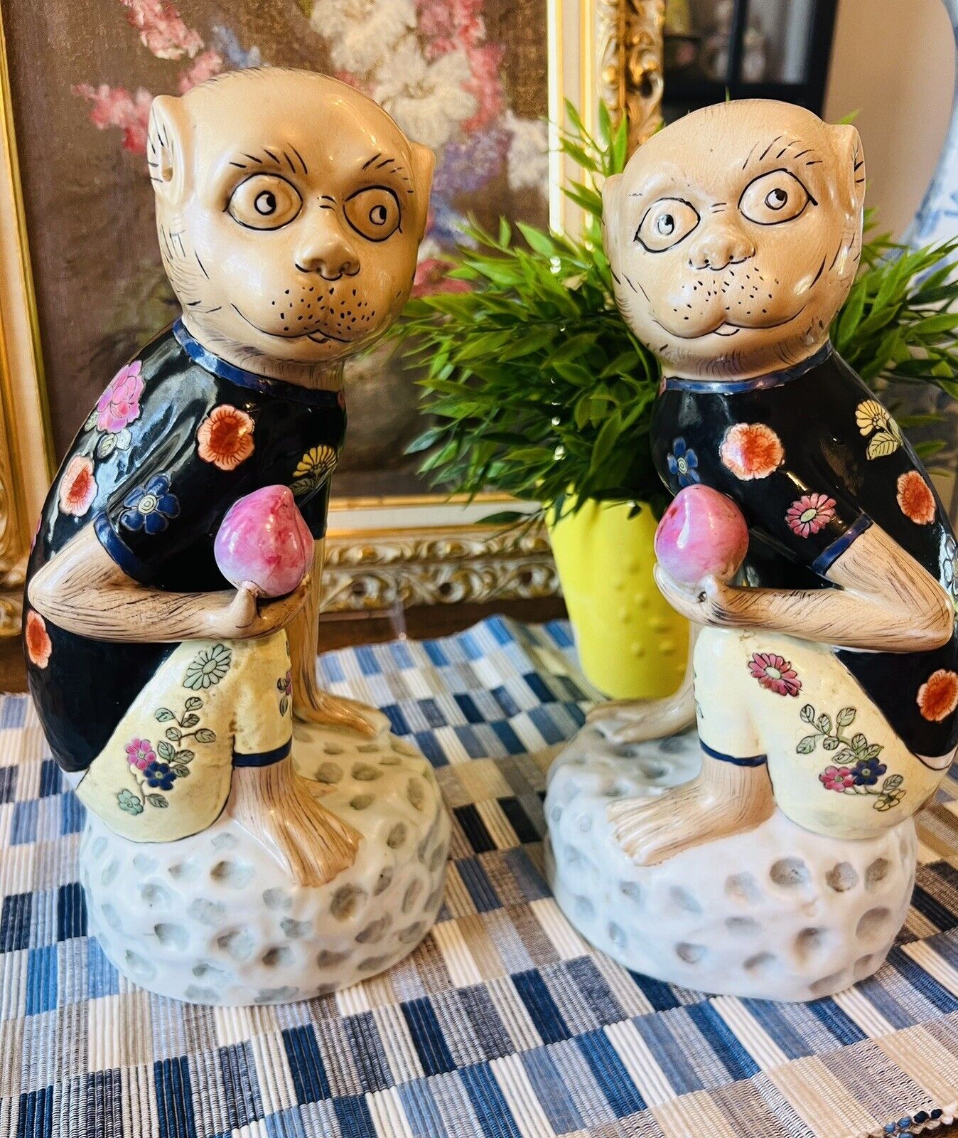 Pair Of Vintate Andrea By Sadek Porcelain Monkeys With Longevity Peaches, 11”