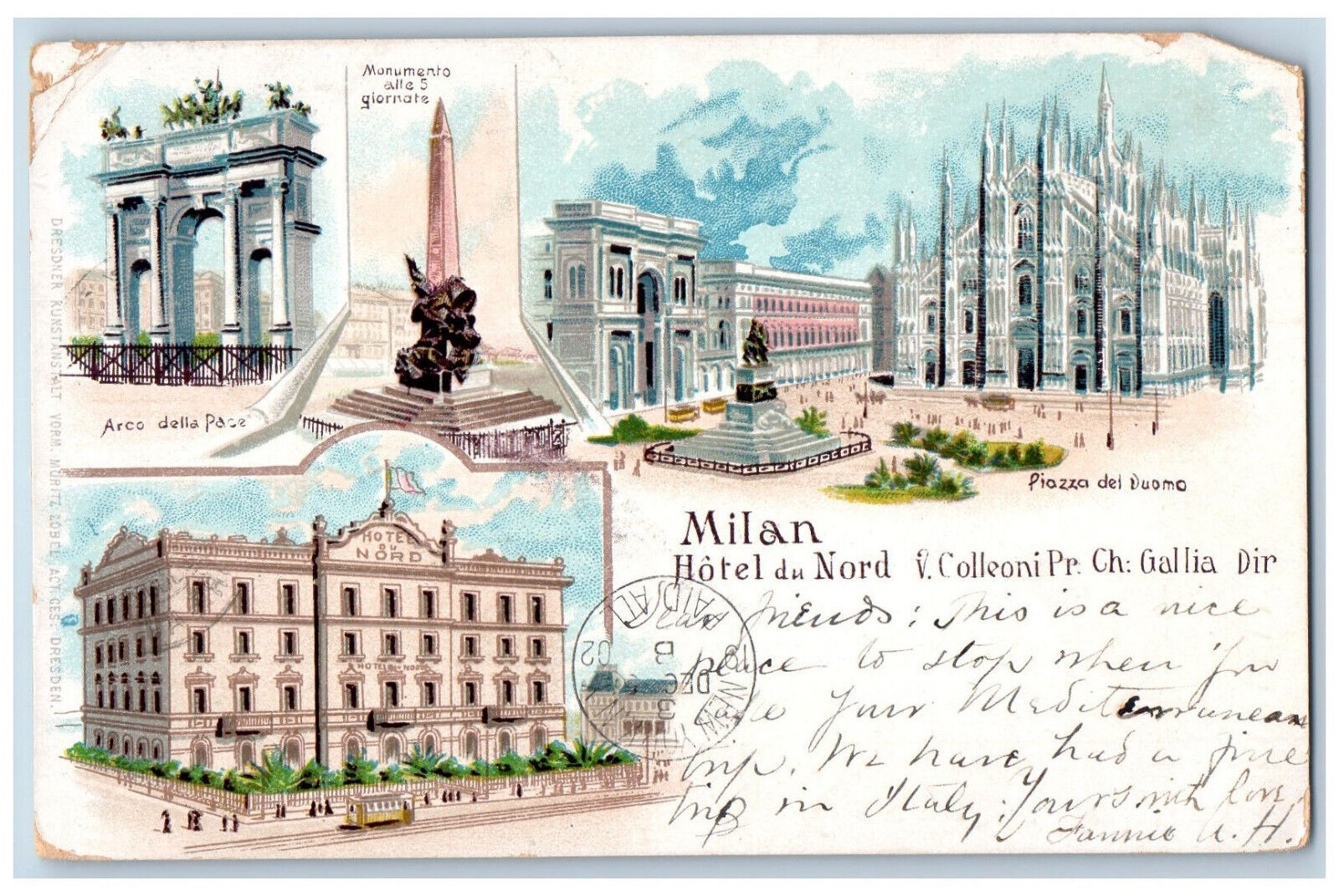 Milan Italy Postcard Hotel Du Nord Monument Plaza 1902 Antique Posted