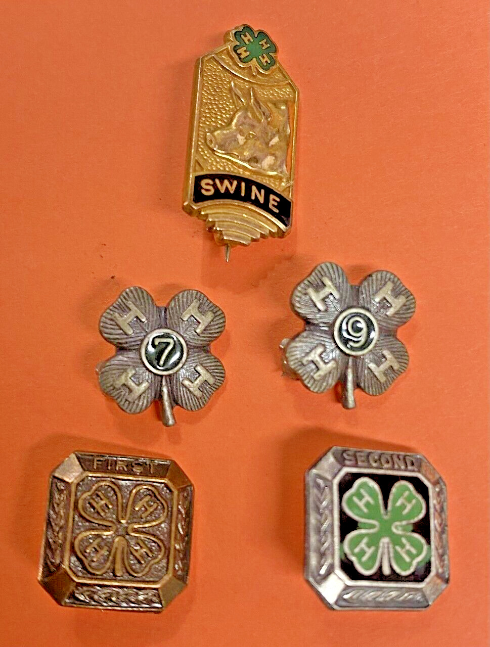 5 Vintage 4-H Pins, COUNTY HONOR SWINE Award, Gold Filled, Sterling, etc SEE PIC