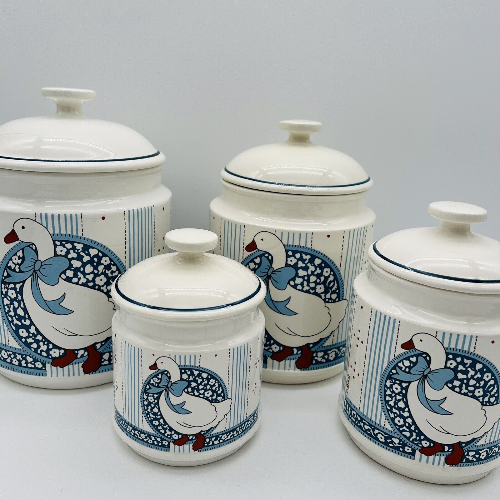 Vintage B&D Japan Goose With Blue Bow Canister Jars Set Of 4