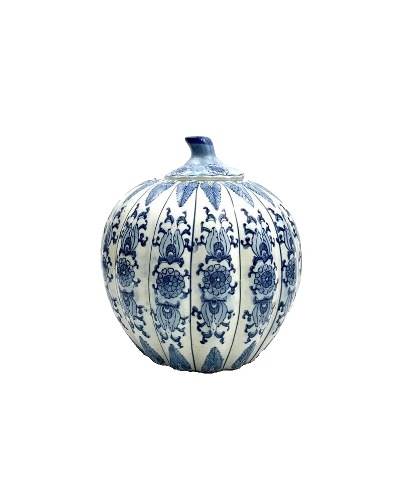 Ginger Jar Pumpkin Shape Oriental Style Vintage Blue & White Flower Design 