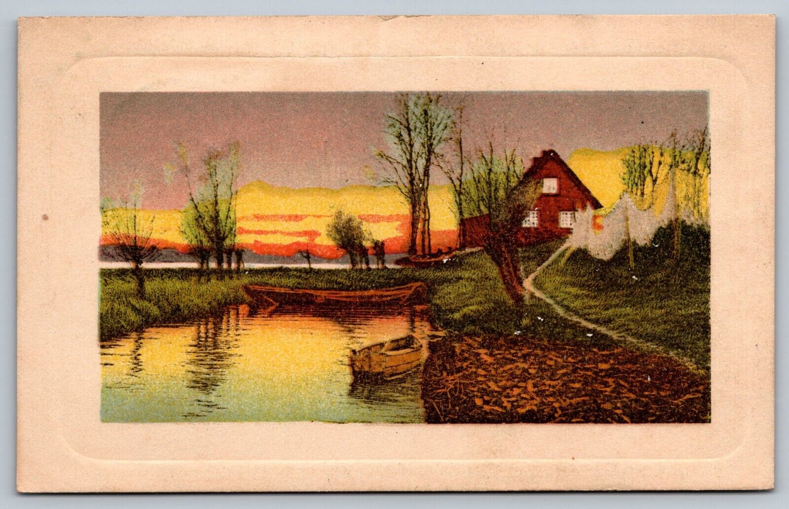 Vintage Postcard LITHO PRINT SUNSET SCENE WATER HOUSE ON LAKE