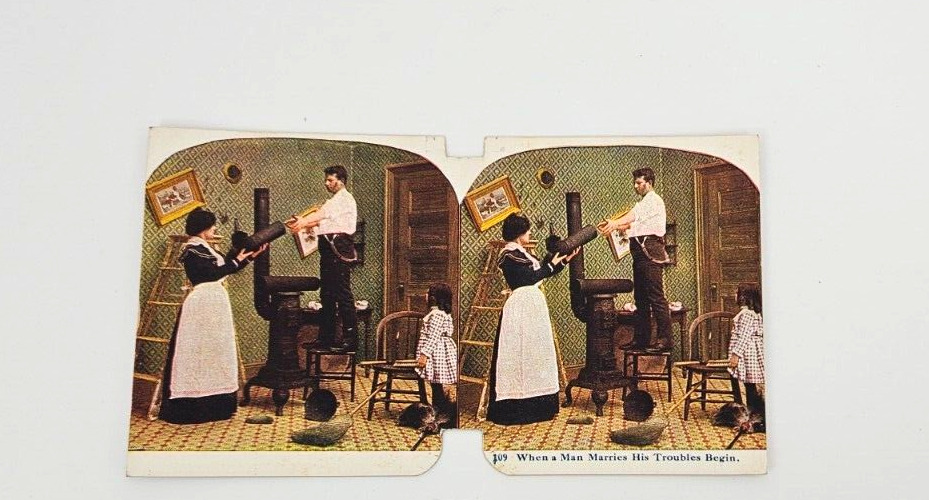 Victorian Stereograph Humorous~When a Man Marries Troubles Begin~Honey Do List