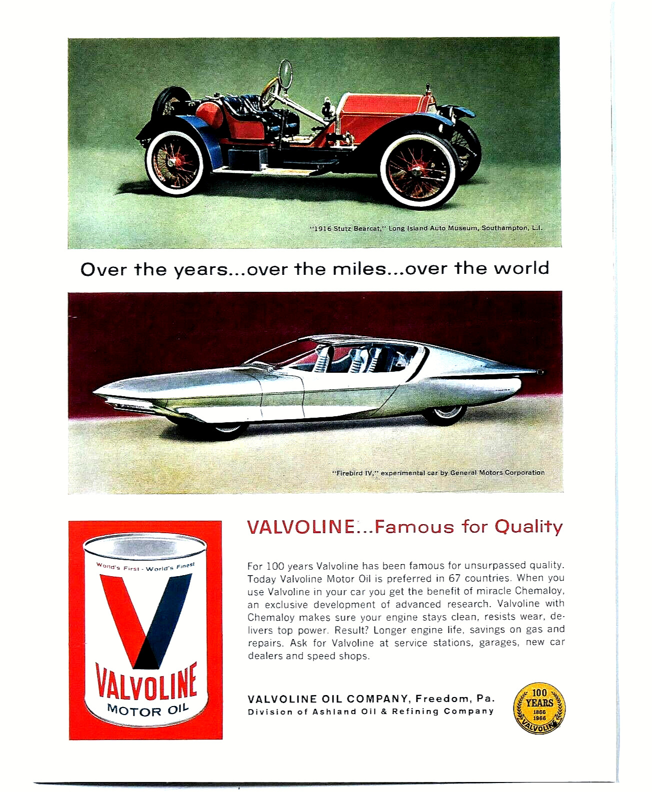 1966 Valvoline VTG 1961 Stutz Bearcat & Firebird IV Original Print Ad 8.5 x 11\