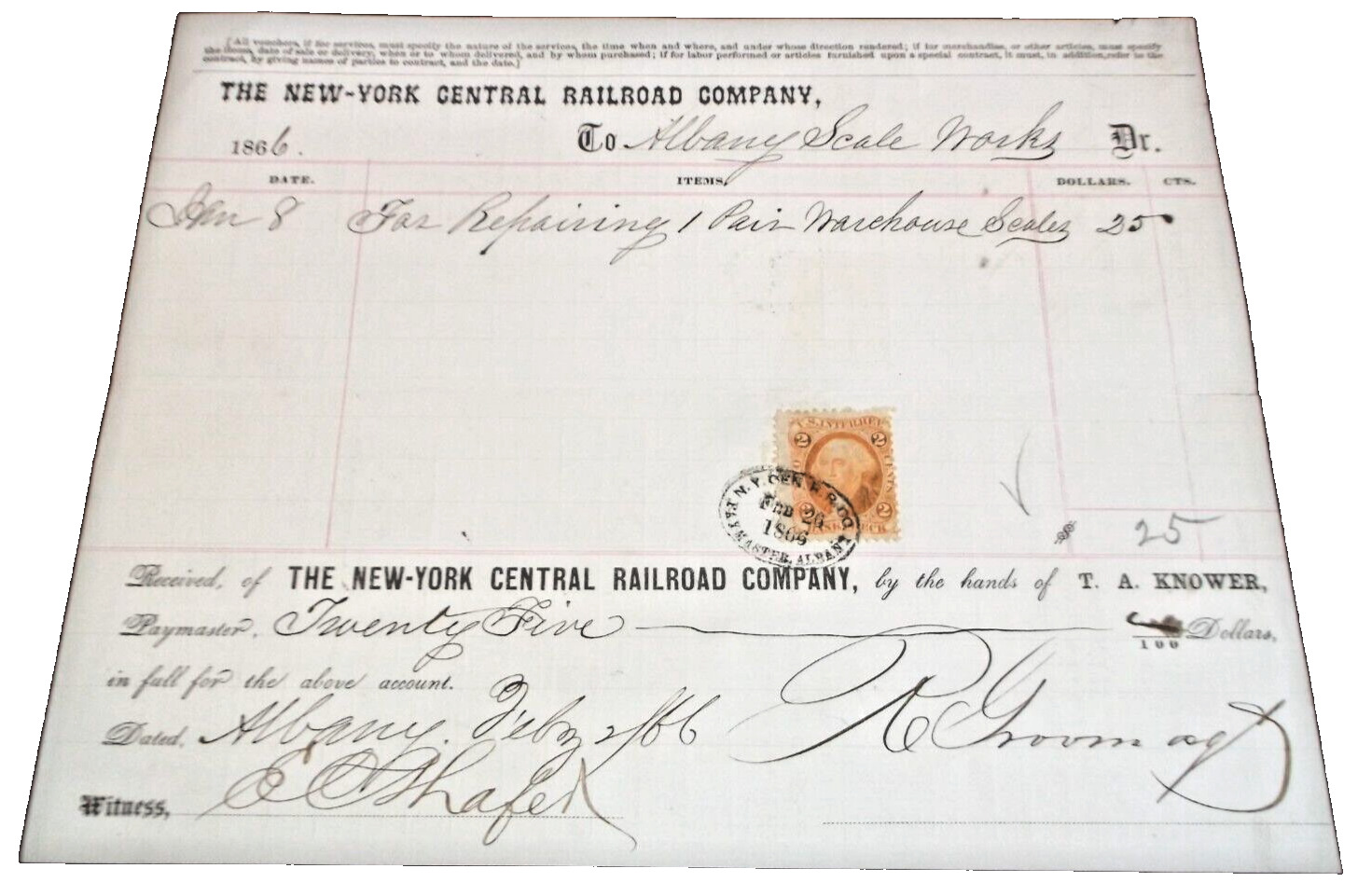 DECEMBER 1865 NYC NEW YORK CENTRAL RAILROAD CHECK VOUCHER ALBANY NEW YORK SCALES