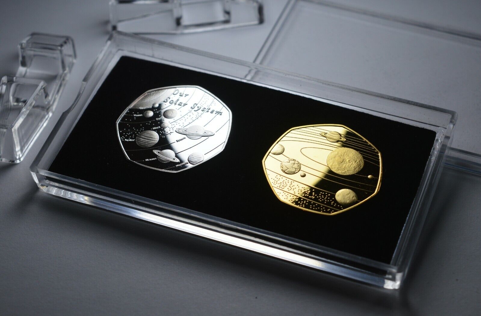 2 x OUR SOLAR SYSTEM Commemoratives in 50p Coin Display Case. Silver, 24ct Gold