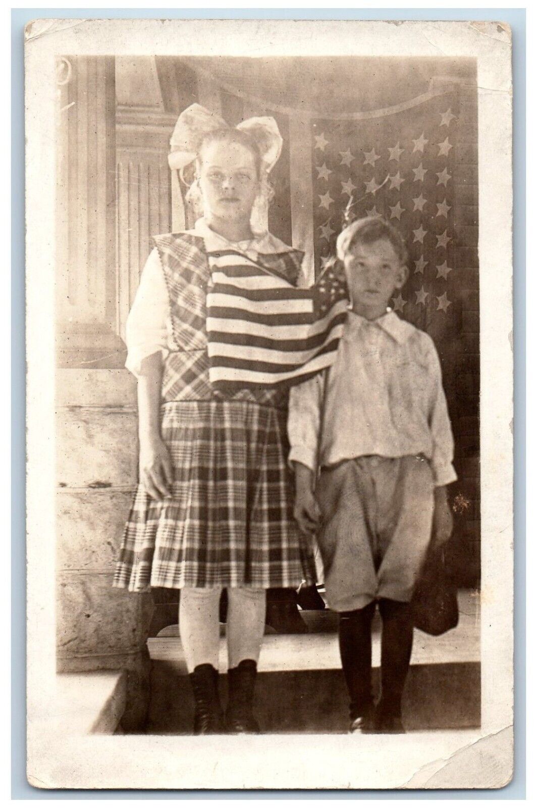 Patriotic Postcard RPPC Photo Children American Flag 4th July c1910's Antique