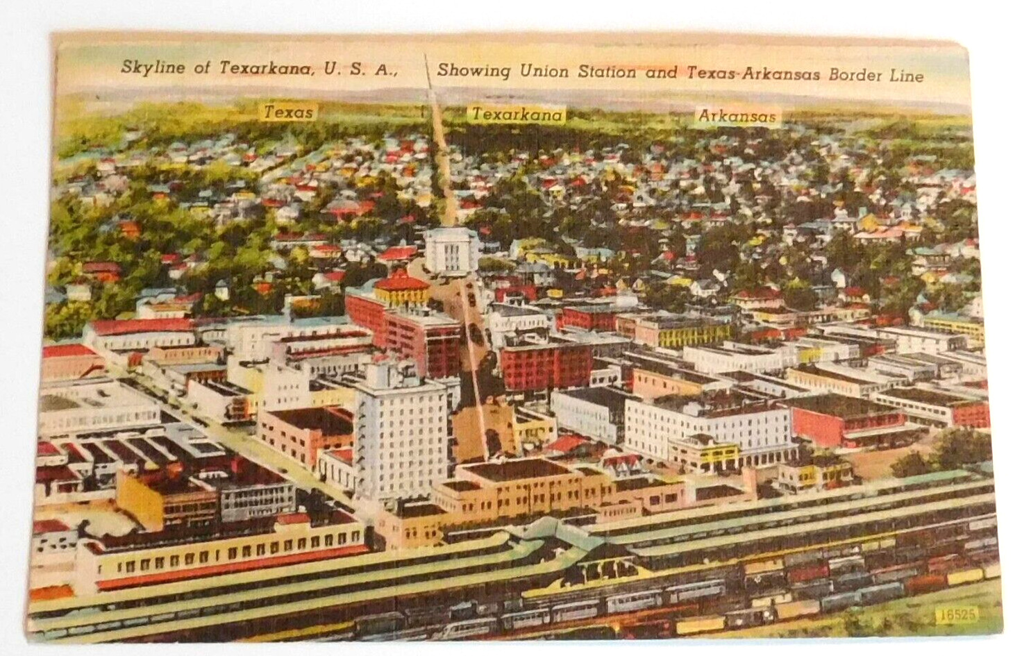 Skyline of Texarkana, USA -Shows Union Station & Texas/Arkansas Border  VTG 1945