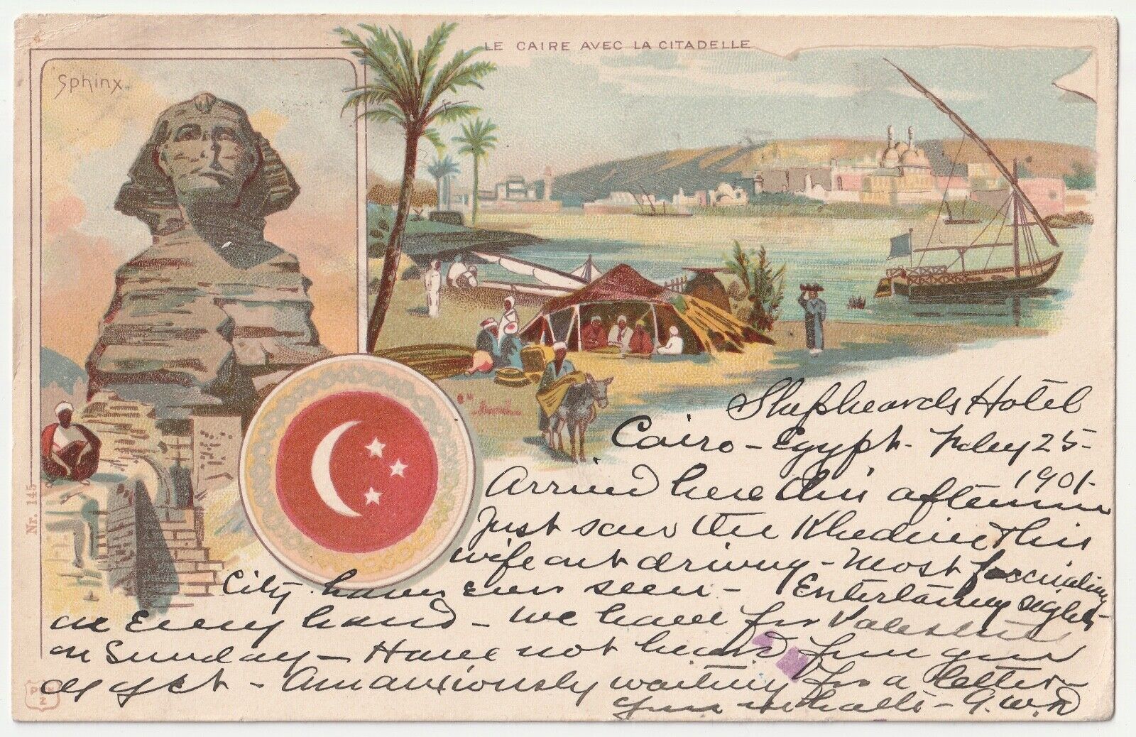 1900s~Le Caire Cairo Egypt~Sphinx & Citadel on Nile River~Antique Postcard