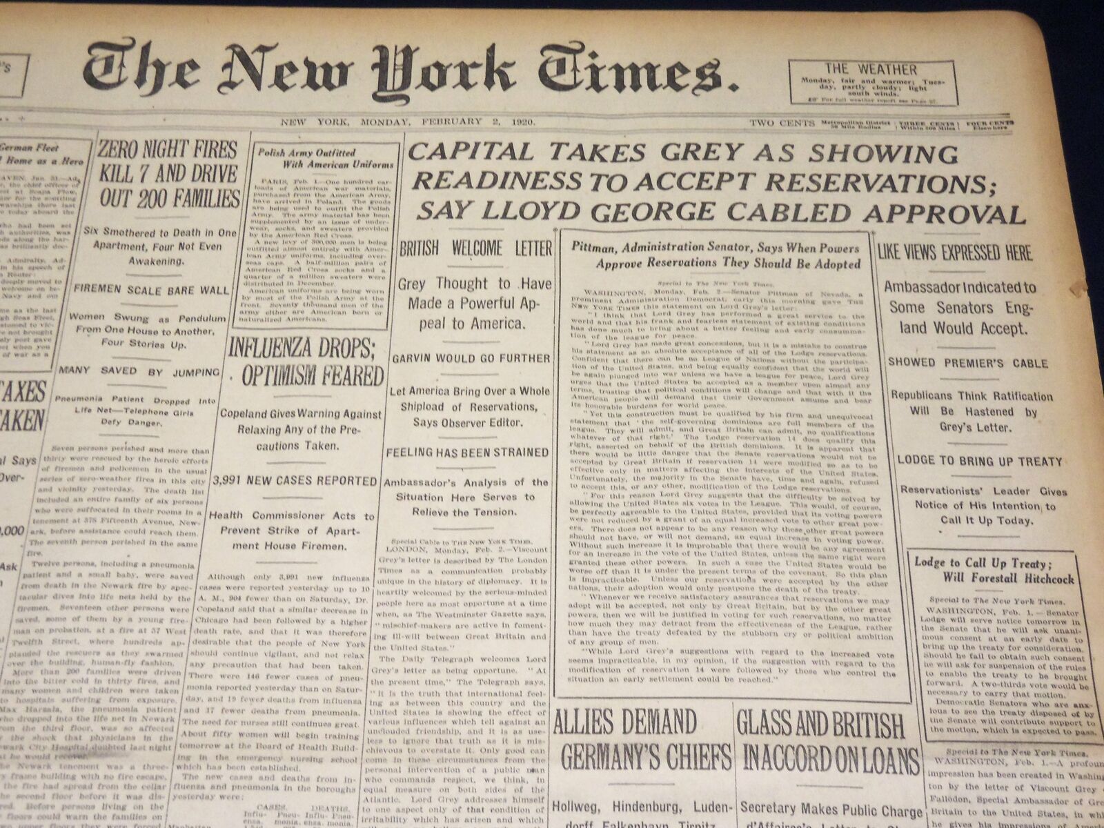 1920 FEBRUARY 2 NEW YORK TIMES - INFLUENZA DROPS OPTIMISNM FEARED - NT 7858