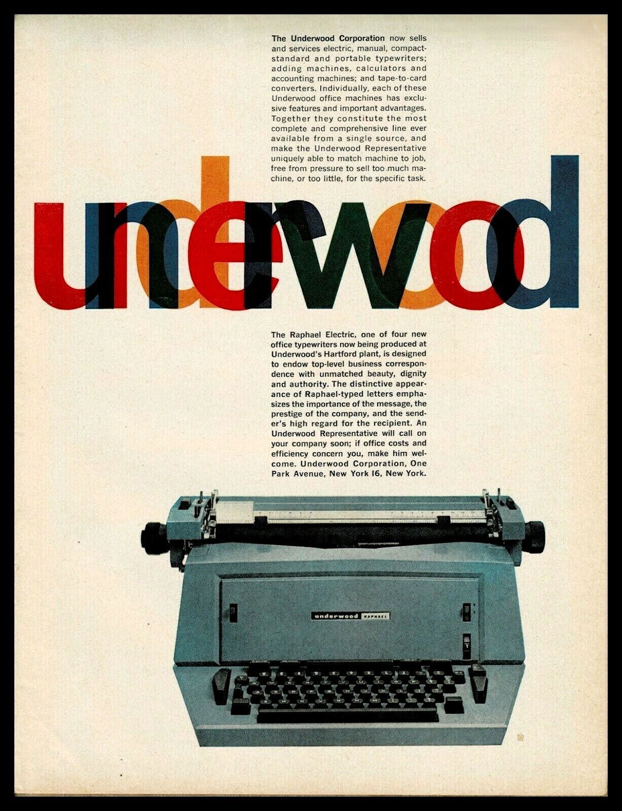1961 UNDERWOOD Raphael Blue Electric Typewriter Vintage Photo AD