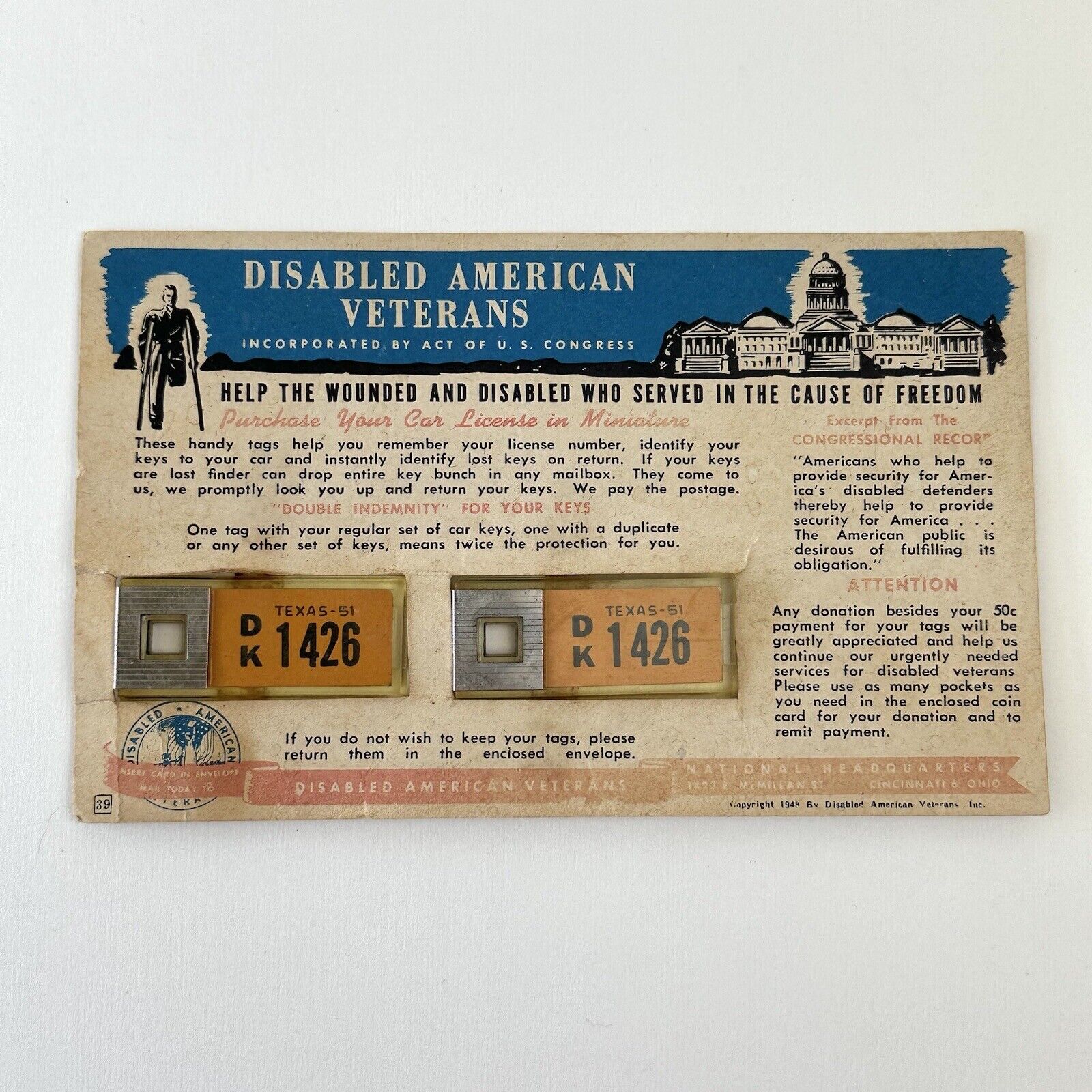 Vtg 1951 Texas Disabled Veterans DAV Mini License Plate Key Chain Tag Set Card