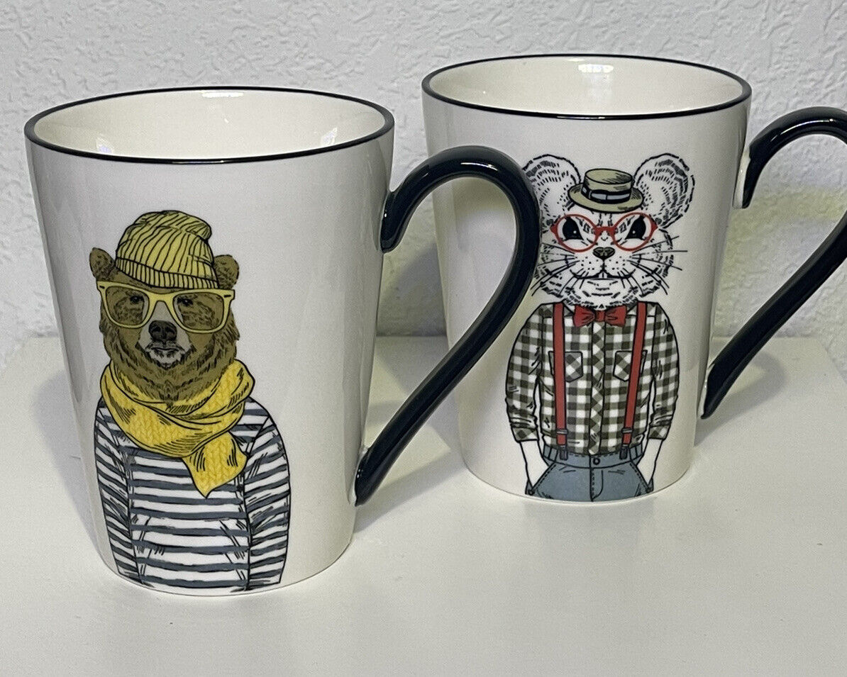 Signature Housewares Set 2 Hipster Ceramic Animal Mug Dressed Coffee Cups