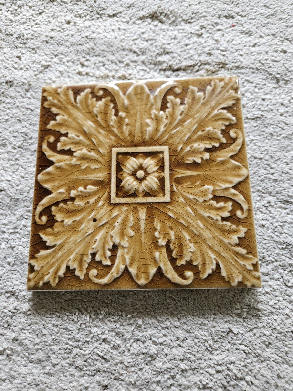 Brown Glazed Square Tile Leaf Flower Sherwinn Cotton Raised Top Design