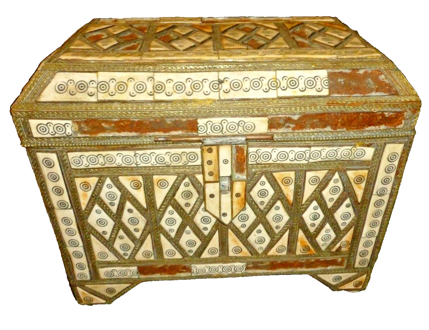 Vintage Moroccan Large Chest Trunk Box Camel Bone Metal 11x13x16\