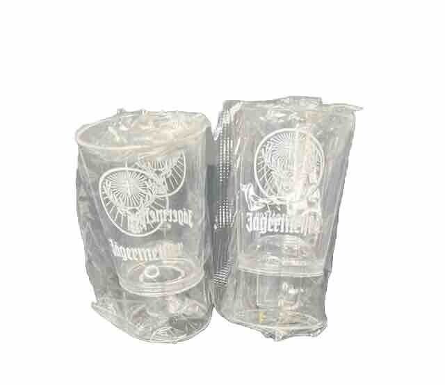 RARE Set Of 2 VTG Jagermeister Clear Plastic Shot Glasses Limited Edition NEW