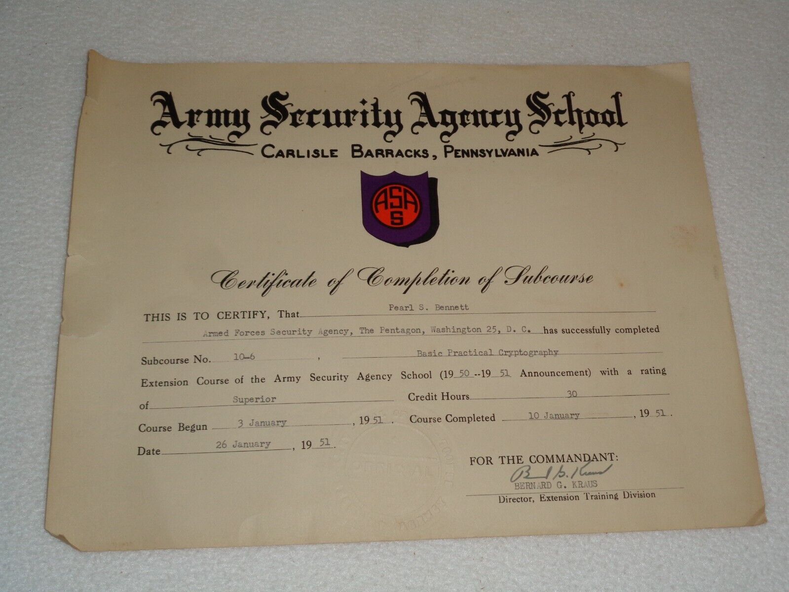 Army Security Agency ASA School Carlisle Barracks Rare Cryptography Certificate