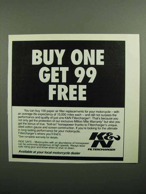 1990 K&N Filtercharger Ad - Buy One Get 99 Free