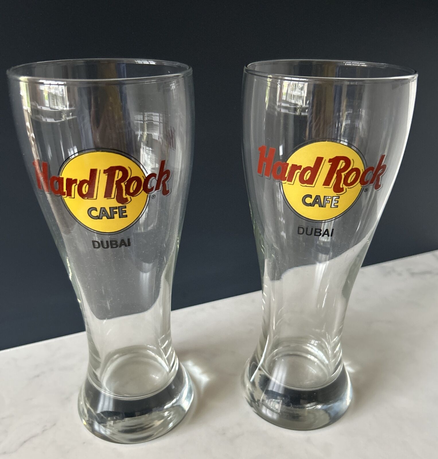 2 x Hard Rock Cafe Dubai Pint  Printed Glass Collectible Excellent Condition