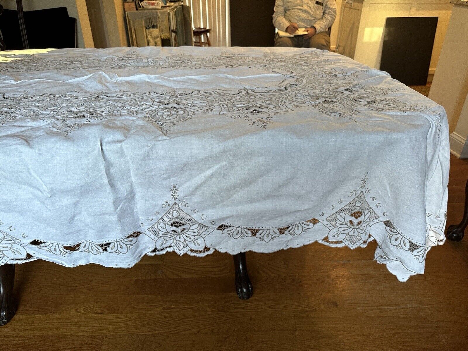 Vintage Madeira Portugal Densely Hand Embroidered Lace Beige Tablecloth  96X 66