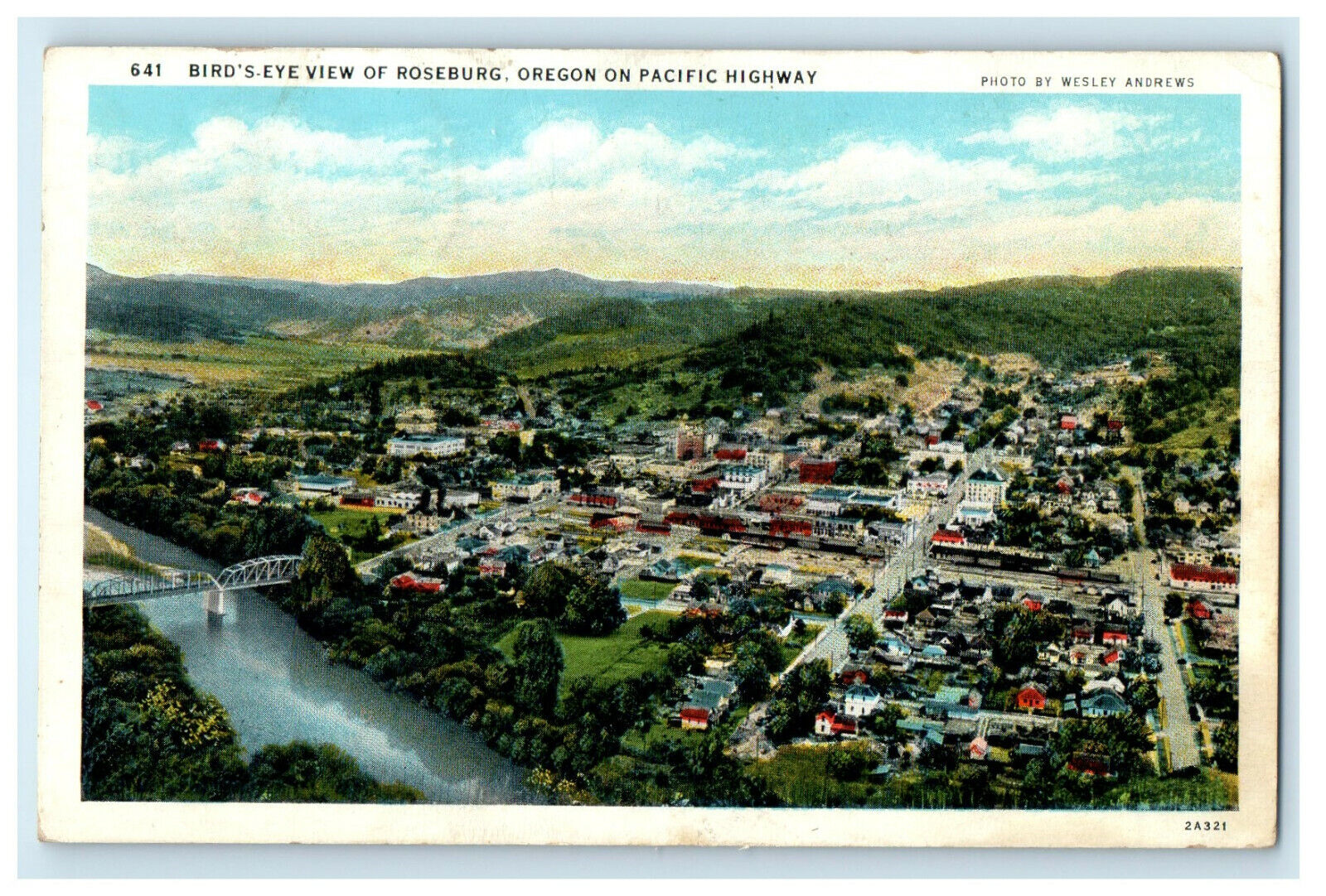 1935 Bird\'s Eye View of Roseburg, Oregon OR on Pacific Highway RPO Postcard