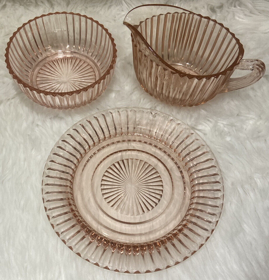 Vintage Pink Depression Glass Creamer Bowl & Plate 3 Piece Set Breakfast Tea