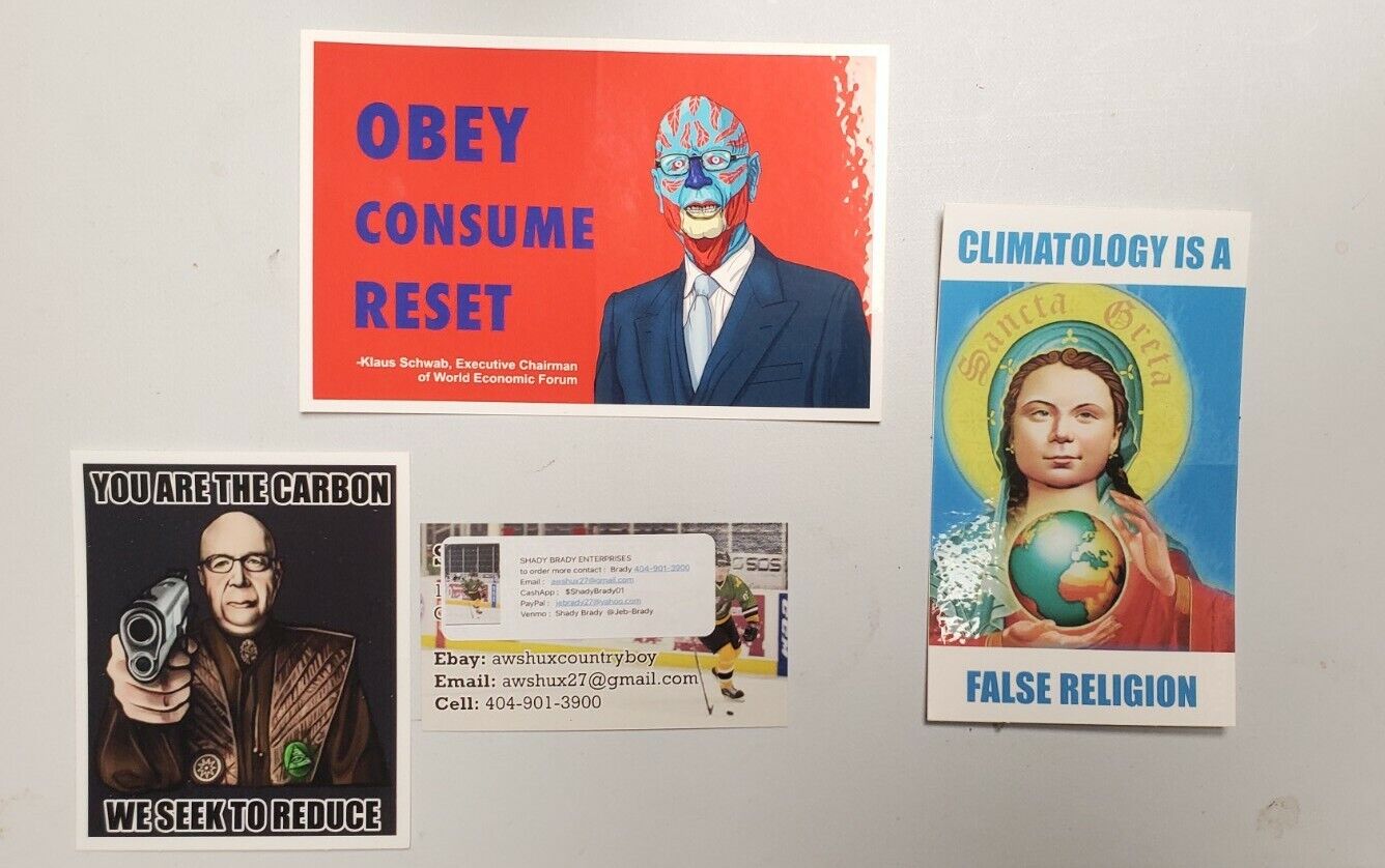 Global Warming HOAX stickers 3 PACK LOT GREEN NEW DEAL GREAT RESET GRETA & KLAUS