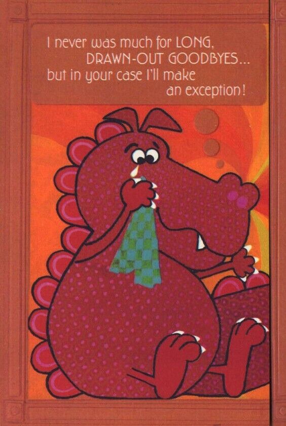Vintage GOODBYE Greeting CARD Mod Cute Crying DRAGON Unused Fold Out
