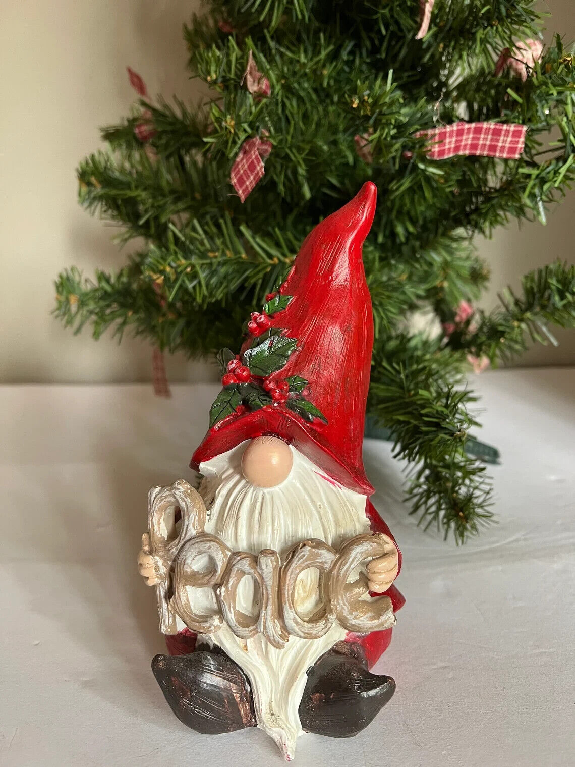 Christmas Gnome Holds Word Peace in Hands / Resin Gnome Celebrate Christmas