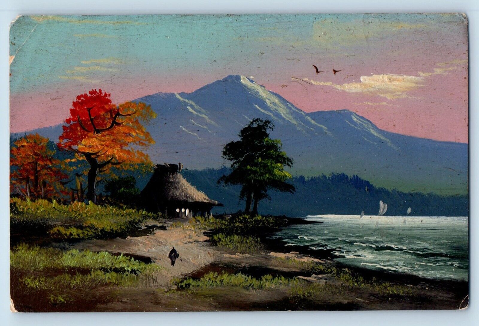 Handpainted Postcard Art Mt. Fuji Hand Drawn Hut Sea View c1910's Posted Antique
