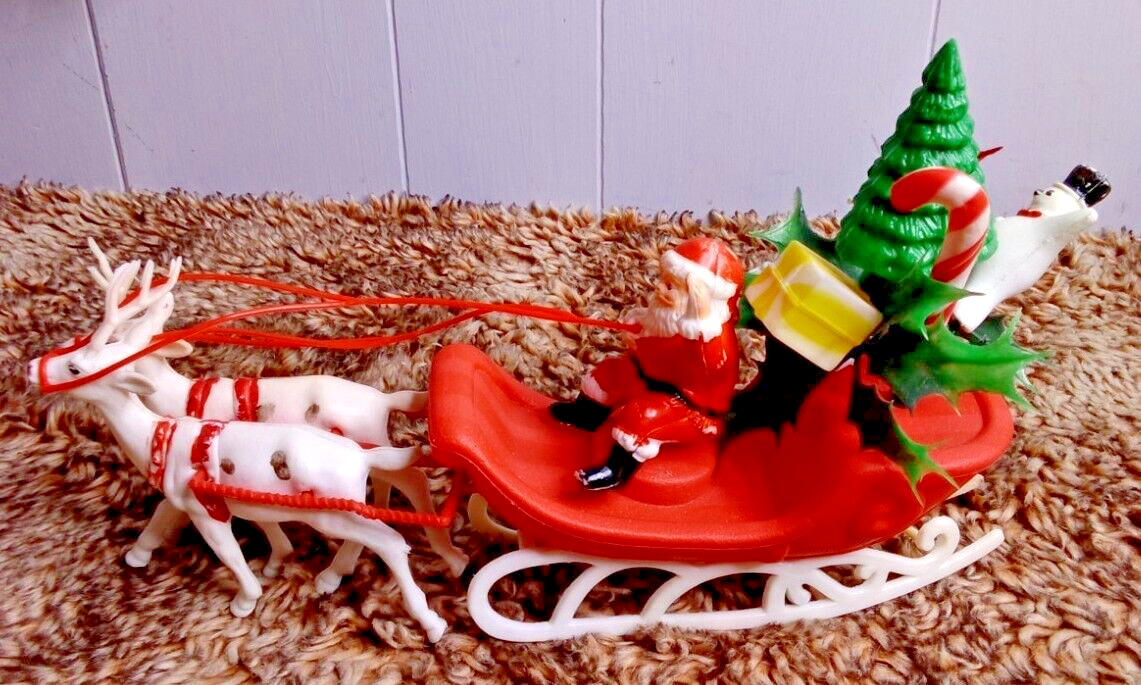 Vtg Blow Mold Plastic Santa Claus Sleigh, Snowman, Reindeer Christmas Decor 12\