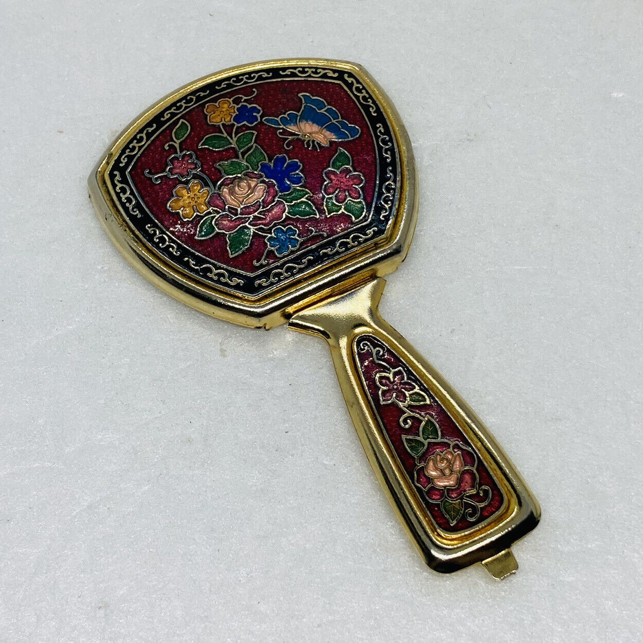Rare Enamel Floral Folding Fan Pocket Mirror 4” Unique Vanity Art Decor 1