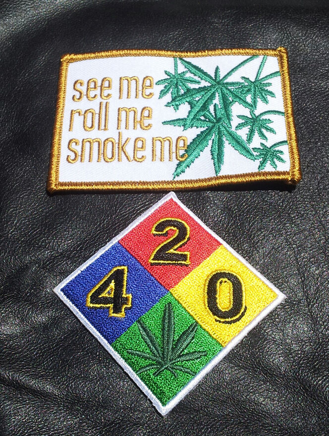 Marijuana Pot Leaf see roll smoke me  420 2pc embroidered patch 