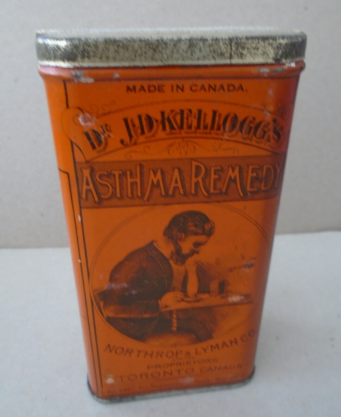 Antique Tin Container Dr J D Kellogg’s Asthma Remedy Northrop & Lyman Toronto