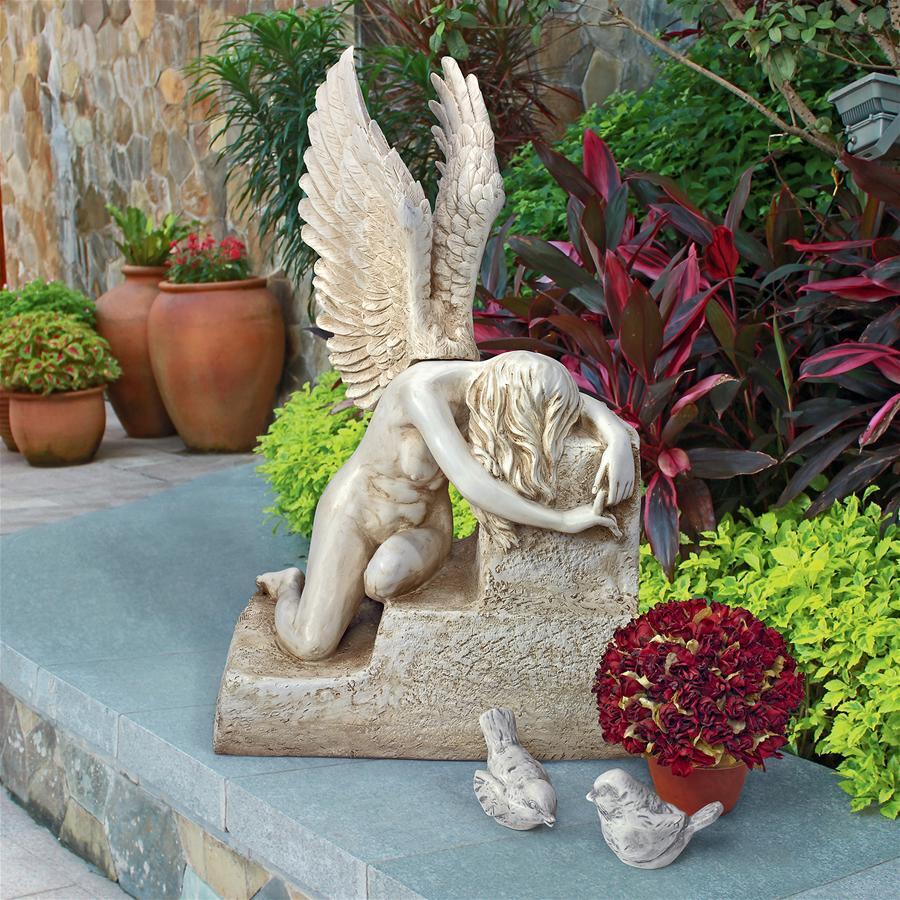 The Grief of Loss Heartbreak Mourning Winged Angel Bows Kneeling Memorial Statue