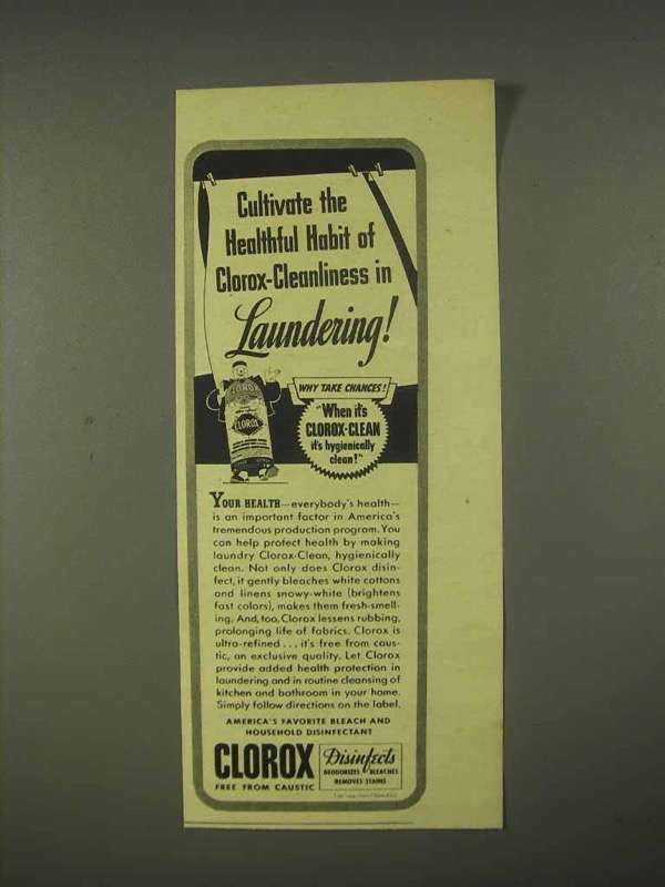 1944 Clorox Advertisement - Cleanliness in Laundering