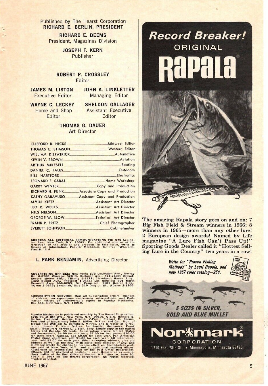 1967 Print Ad Normark Corp Original Rapala Record Breaker Fishing Lures