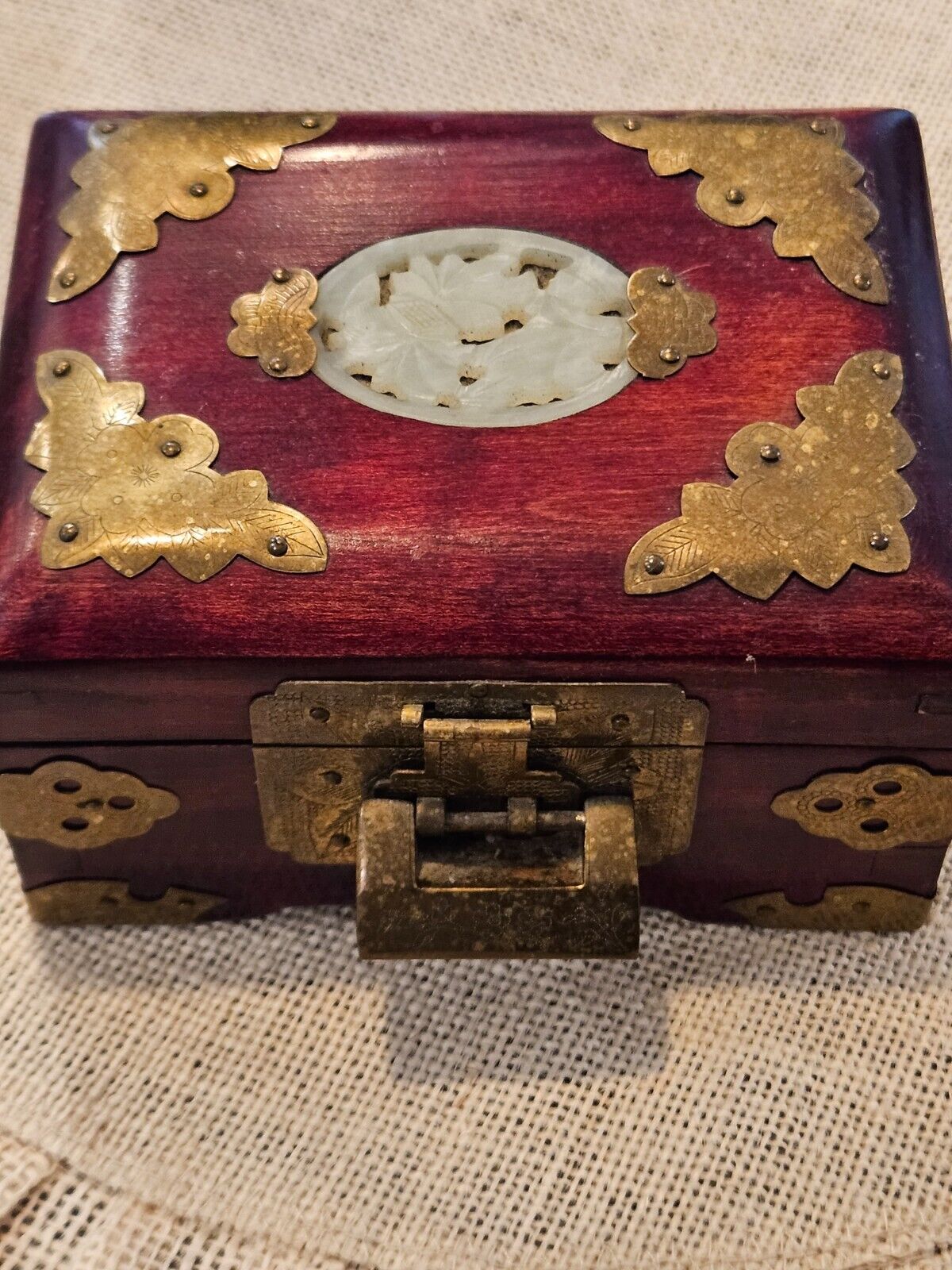 Rare Vintage Chinese Mahogany Jewel Box Chased Brass Accent Lock Jade Medallion