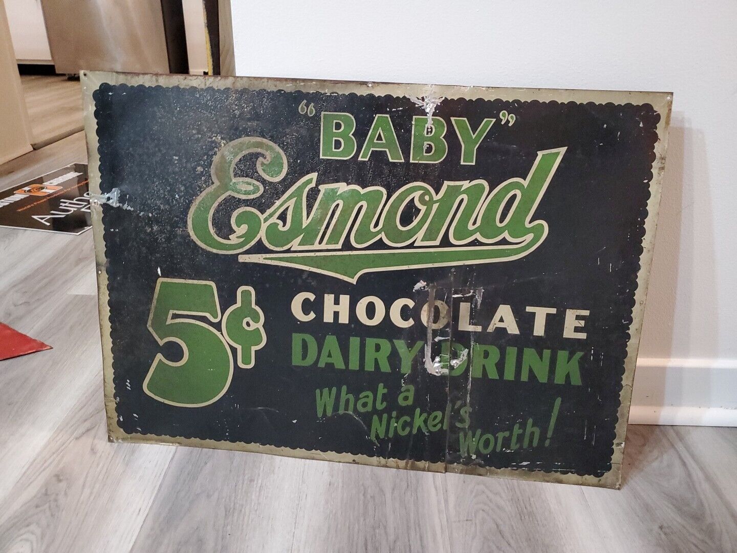 c.1940s Original Vintage Baby Esmond Chocolate Dairy Drink Sign Metal Tin Nickel