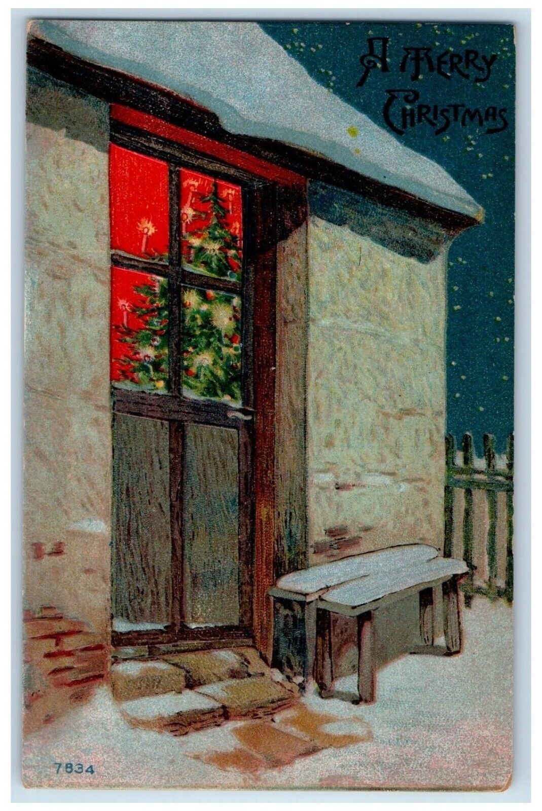 c1910's Christmas Bench Winter Christmas Tree Embossed Winsch Back Postcard