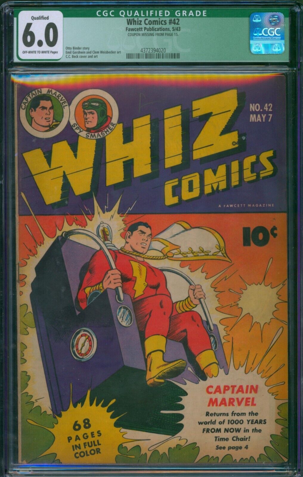 Whiz Comics #42 (1943) ⭐ CGC 6.0 Qualified ⭐ Captain Marvel Golden Age Fawcett