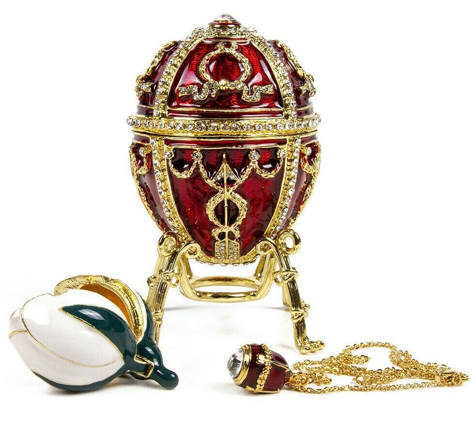 Red Faberge Egg Replica Trinket Box w/ Rosebud and Pendant,Easter Gift