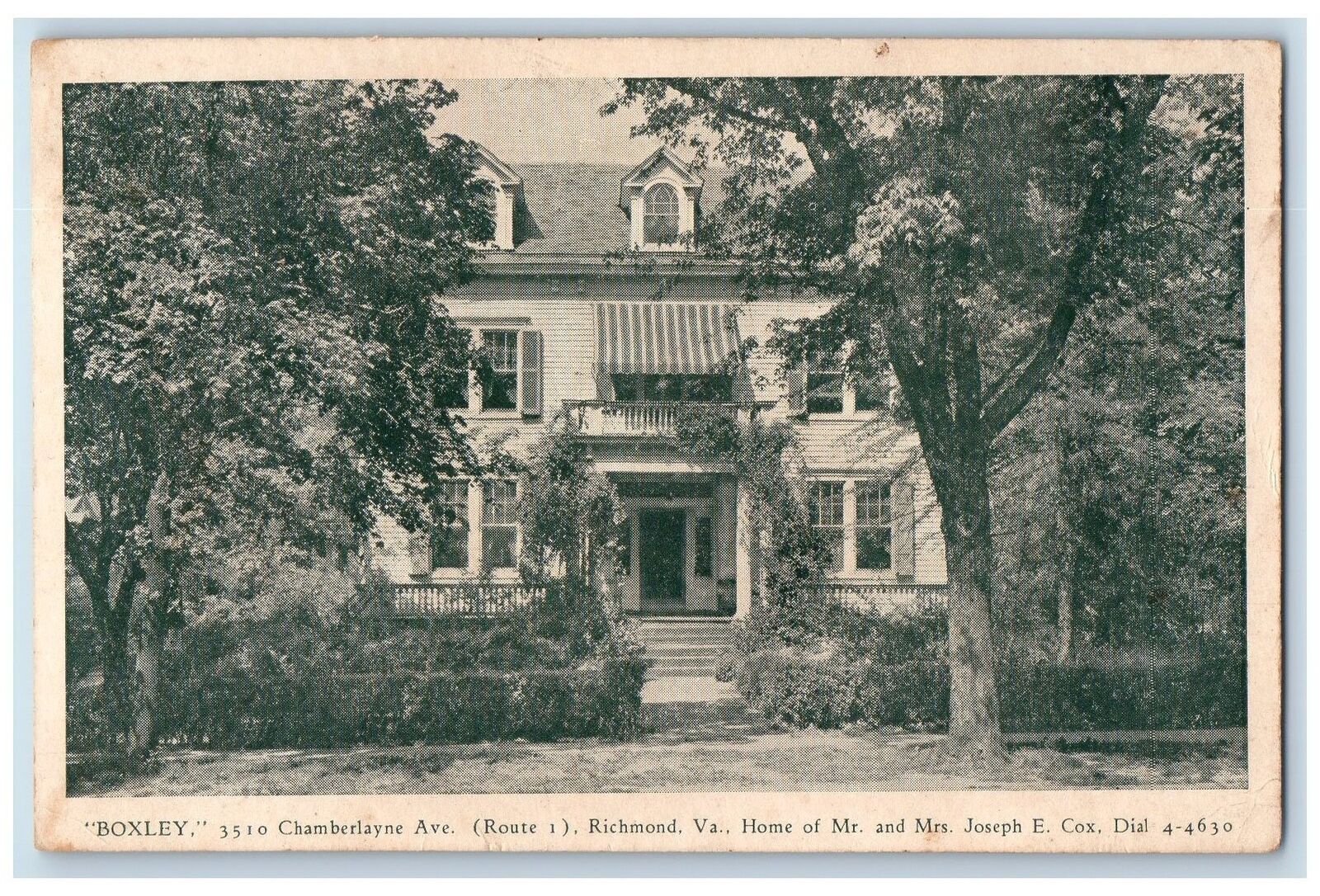 c1905s Boxley 3510 Chamberlayne Ave. Richmond VA Mr. & Mrs. Joseph Cox Postcard