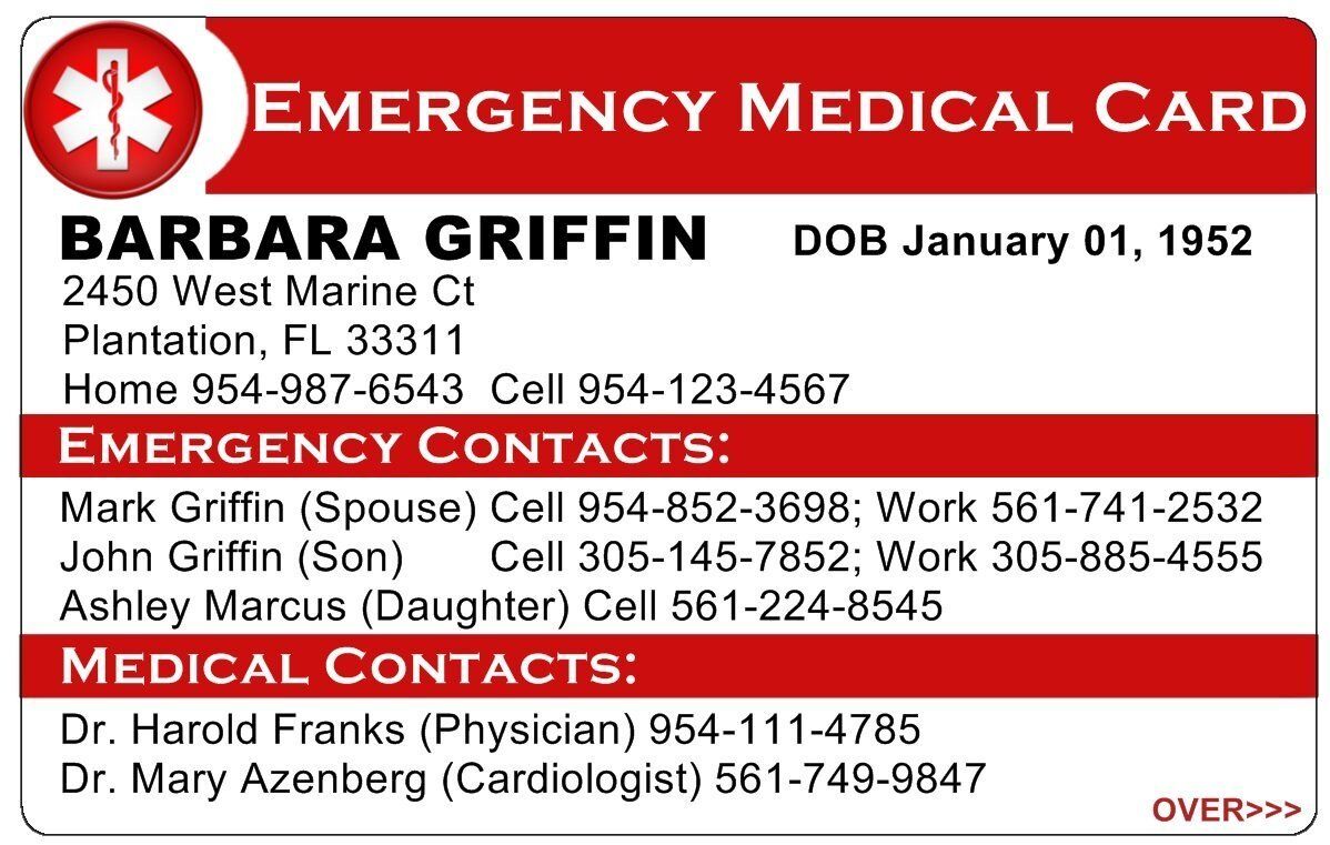 Custom Personalized Emergency Medical Card 2 sided ICE In case of emergency ID 
