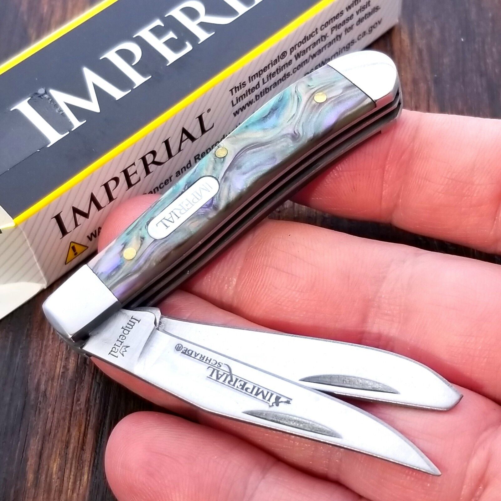 Imperial Schrade Knife Mini Trapper Smooth Abalone Swirl Handles NIB