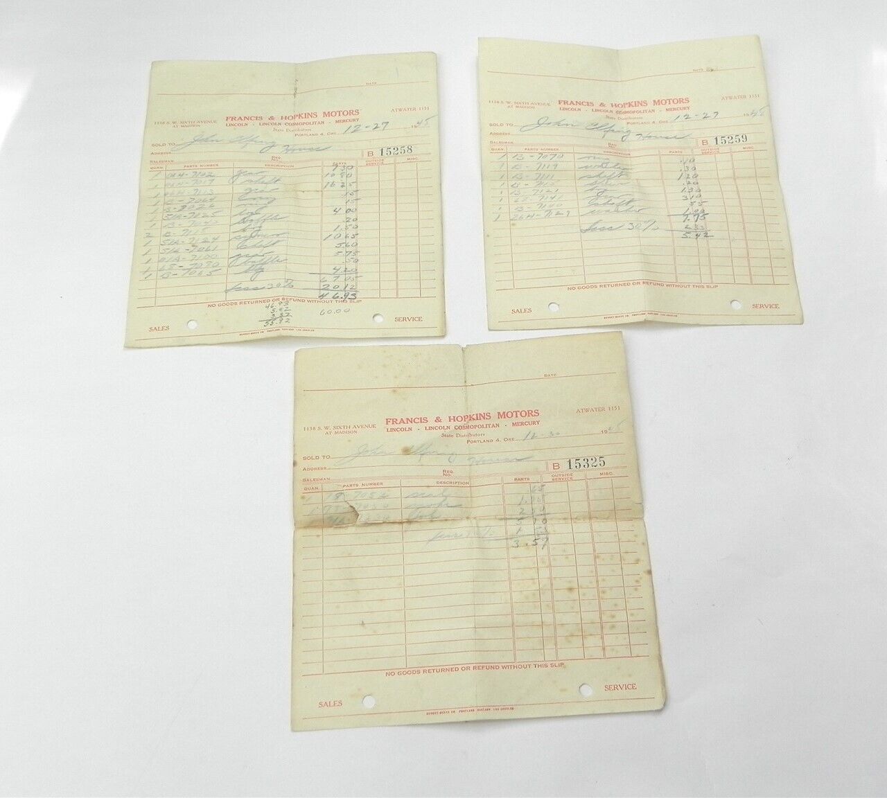 VINTAGE 1945 & 1948 FORD DEALER INVOICE PAPERWORK 3 PAGES INCLUDED PRE-OWNED 