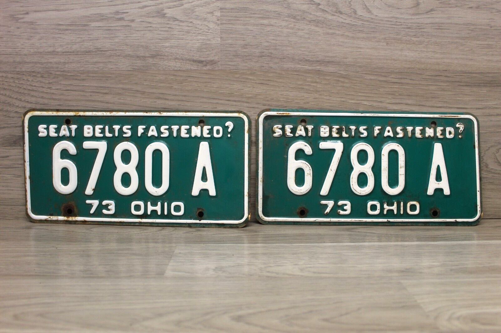 Ohio 1973 SEAT BELTS FASTENED? License Plate Pair 6780 A