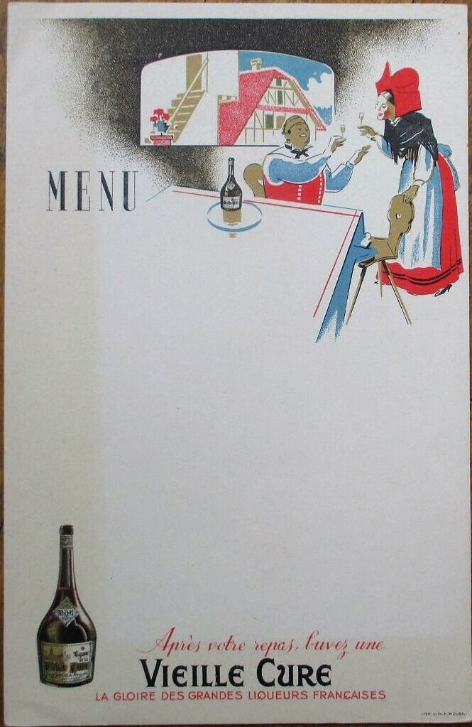 Liqueur Vielle Cure 1920s French Litho Advertising Menu: Alsace Woman Toasting