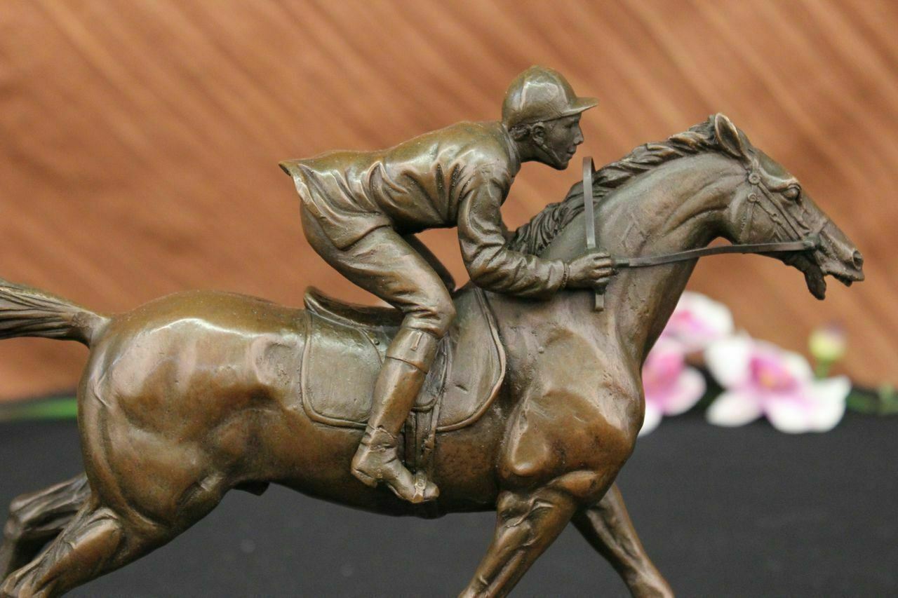 Handmade Genuine Hot Cast Bronze Race Horse Jockey Equestrian Trophy Sculpture